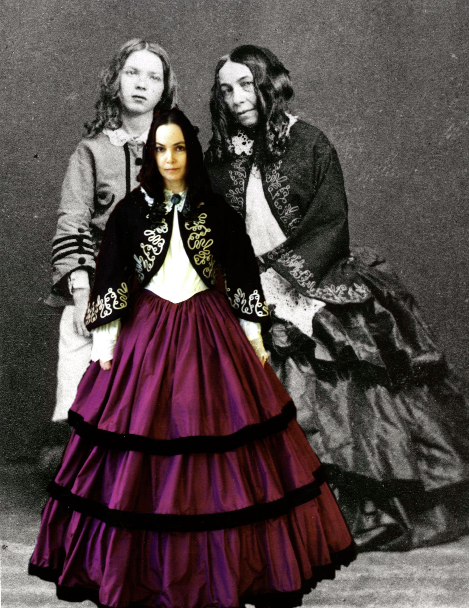 Neri pictured superimposed over Variant A wearing the reproductions of her 1860 garments